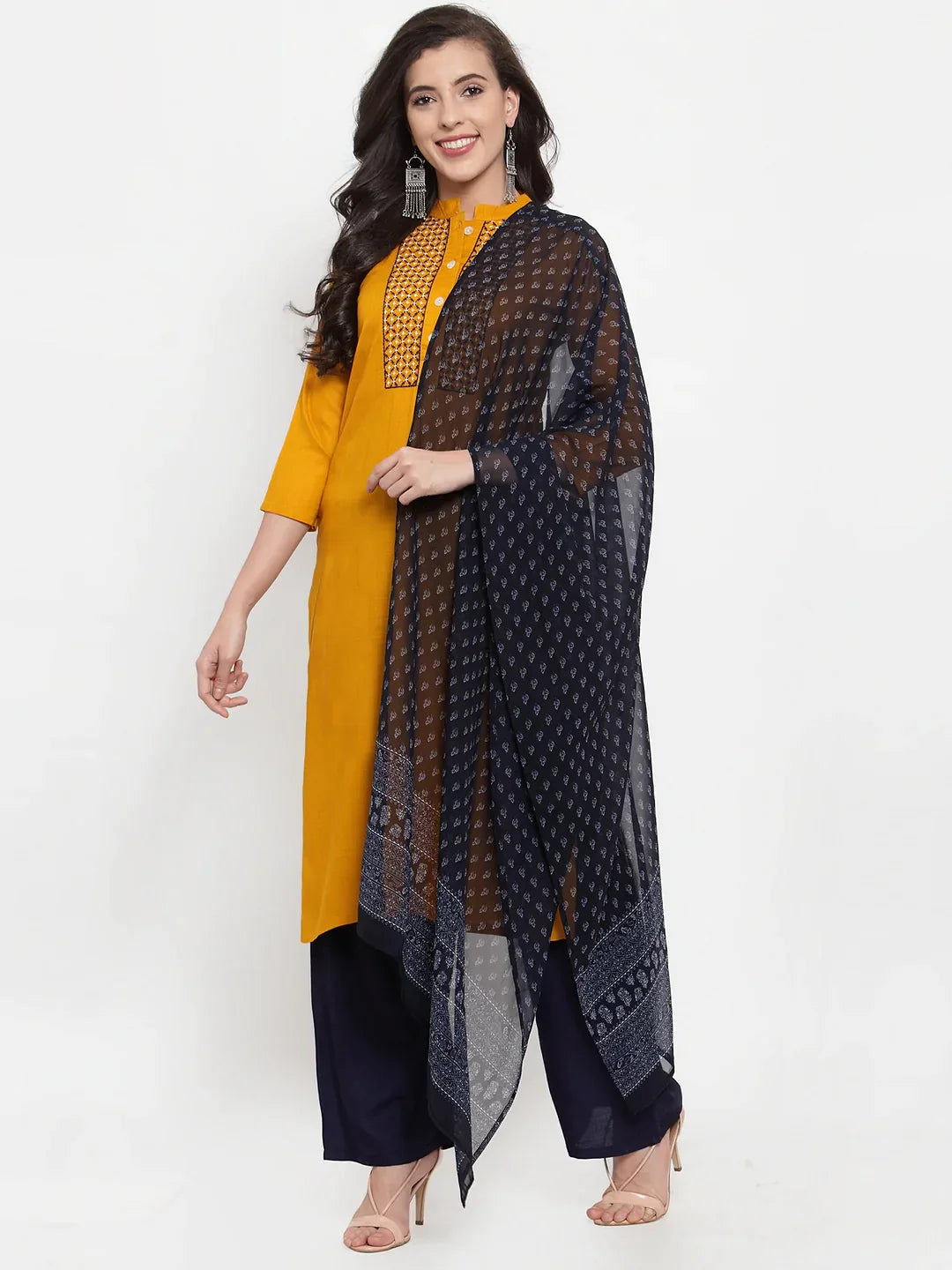 Jompers Women's Mustard Yellow & Navy Blue Embroidered Kurta with Palazzos & Dupatta