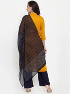 Jompers Women's Mustard Yellow & Navy Blue Embroidered Kurta with Palazzos & Dupatta