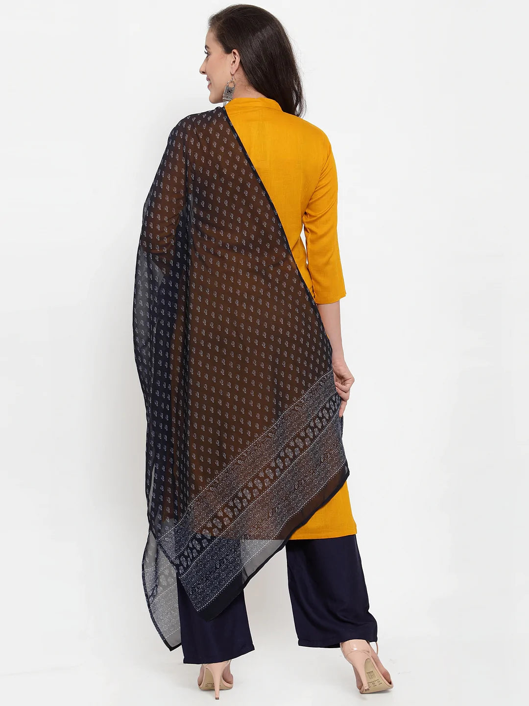 Jompers Women's Mustard Yellow & Navy Blue Embroidered Kurta with Palazzos & Dupatta