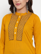 Jompers Women's Mustard Yellow & Navy Blue Embroidered Kurta with Palazzos & Dupatta