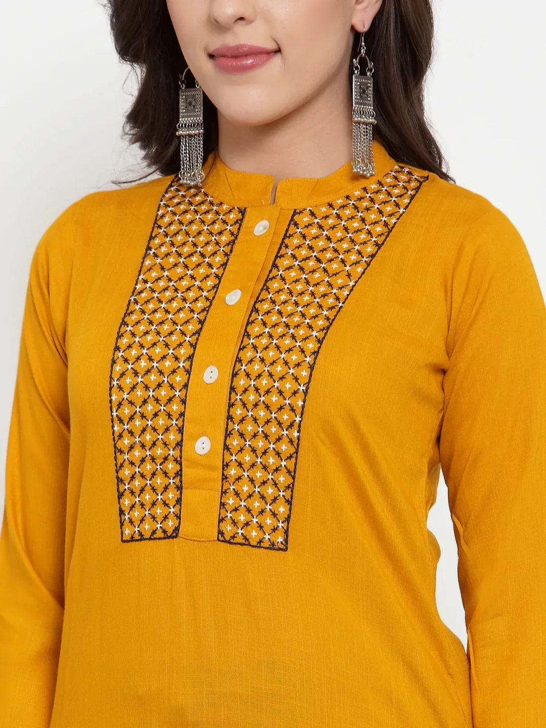 Jompers Women's Mustard Yellow & Navy Blue Embroidered Kurta with Palazzos & Dupatta
