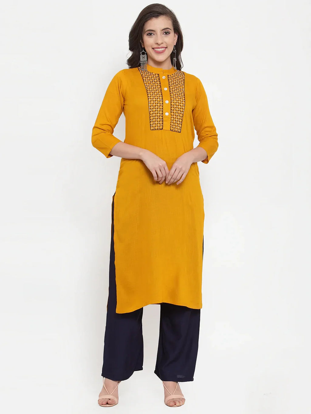 Jompers Women's Mustard Yellow & Navy Blue Embroidered Kurta with Palazzos & Dupatta