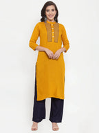 Jompers Women's Mustard Yellow & Navy Blue Embroidered Kurta with Palazzos & Dupatta