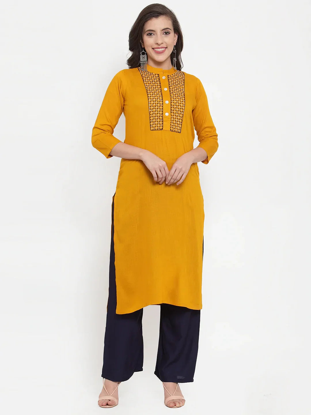 Jompers Women's Mustard Yellow & Navy Blue Embroidered Kurta with Palazzos & Dupatta