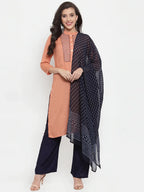 Jompers Women's Mustard Peach & Navy Blue Embroidered Kurta with Palazzos & Dupatta