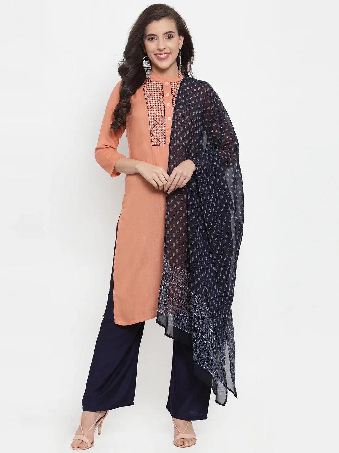 Jompers Women's Mustard Peach & Navy Blue Embroidered Kurta with Palazzos & Dupatta