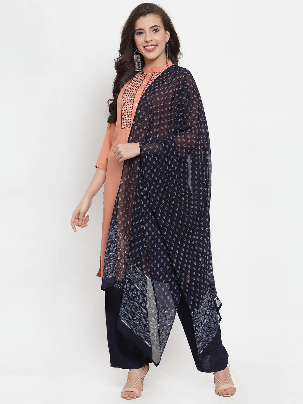 Jompers Women's Mustard Peach & Navy Blue Embroidered Kurta with Palazzos & Dupatta