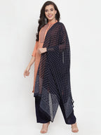 Jompers Women's Mustard Peach & Navy Blue Embroidered Kurta with Palazzos & Dupatta