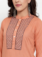 Jompers Women's Mustard Peach & Navy Blue Embroidered Kurta with Palazzos & Dupatta