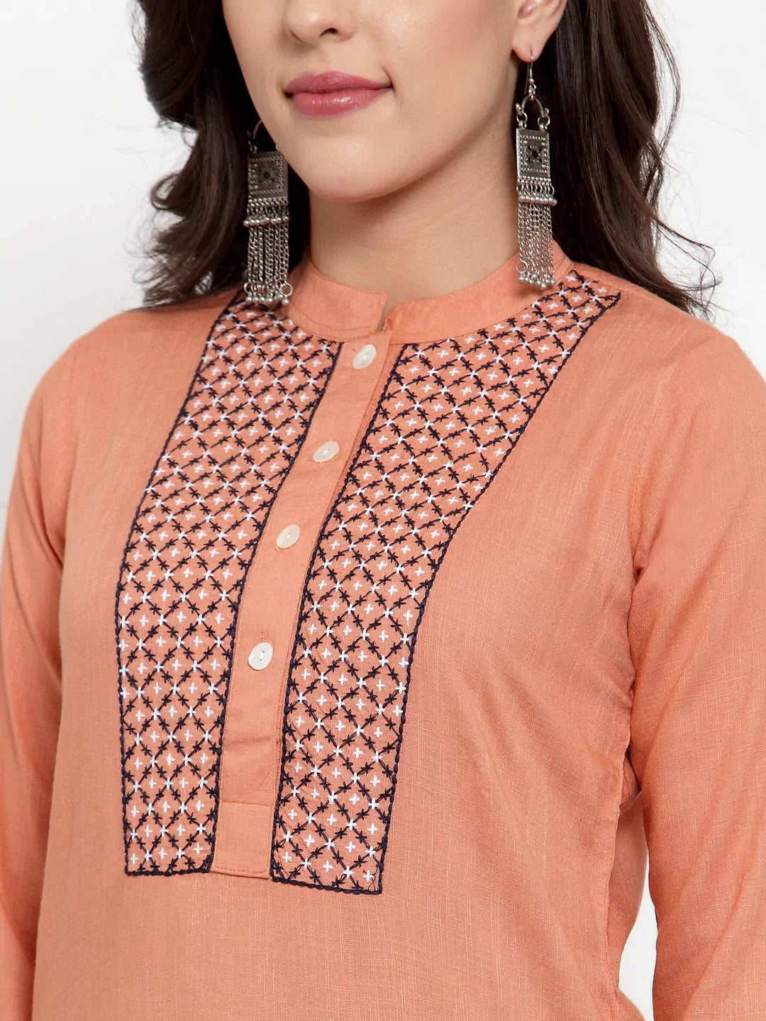 Jompers Women's Mustard Peach & Navy Blue Embroidered Kurta with Palazzos & Dupatta