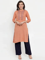 Jompers Women's Mustard Peach & Navy Blue Embroidered Kurta with Palazzos & Dupatta