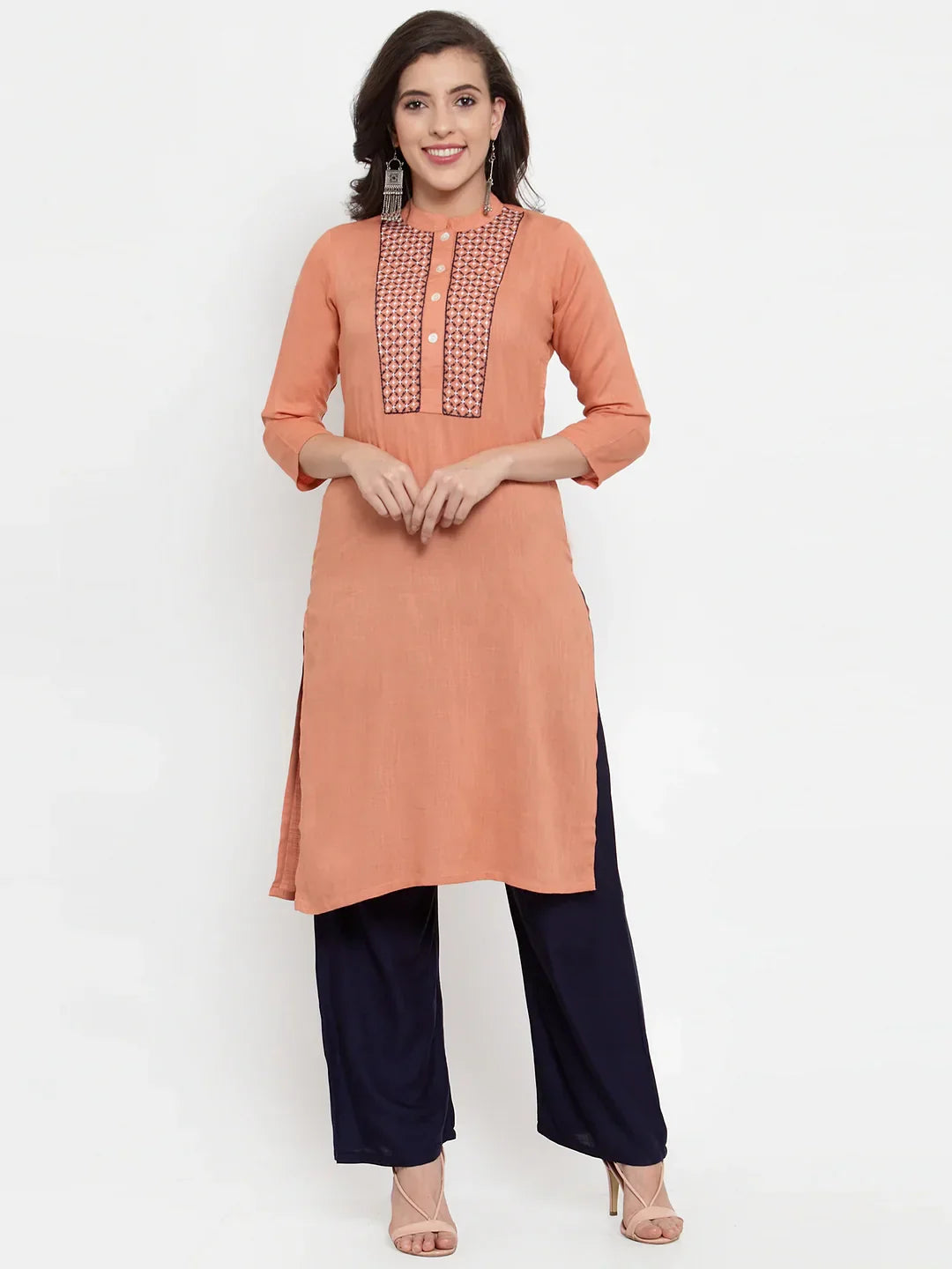Jompers Women's Mustard Peach & Navy Blue Embroidered Kurta with Palazzos & Dupatta