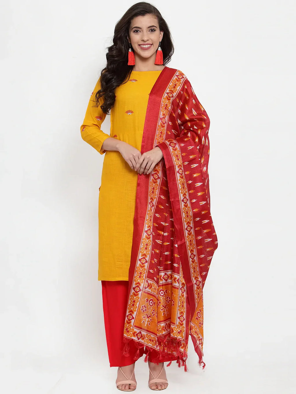 Jompers Women's Mustard Yellow & Red Embroidered Kurta with Palazzos & Dupatta