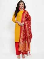 Jompers Women's Mustard Yellow & Red Embroidered Kurta with Palazzos & Dupatta