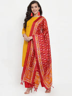Jompers Women's Mustard Yellow & Red Embroidered Kurta with Palazzos & Dupatta