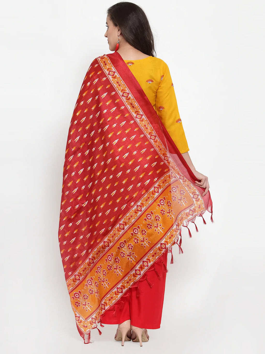Jompers Women's Mustard Yellow & Red Embroidered Kurta with Palazzos & Dupatta