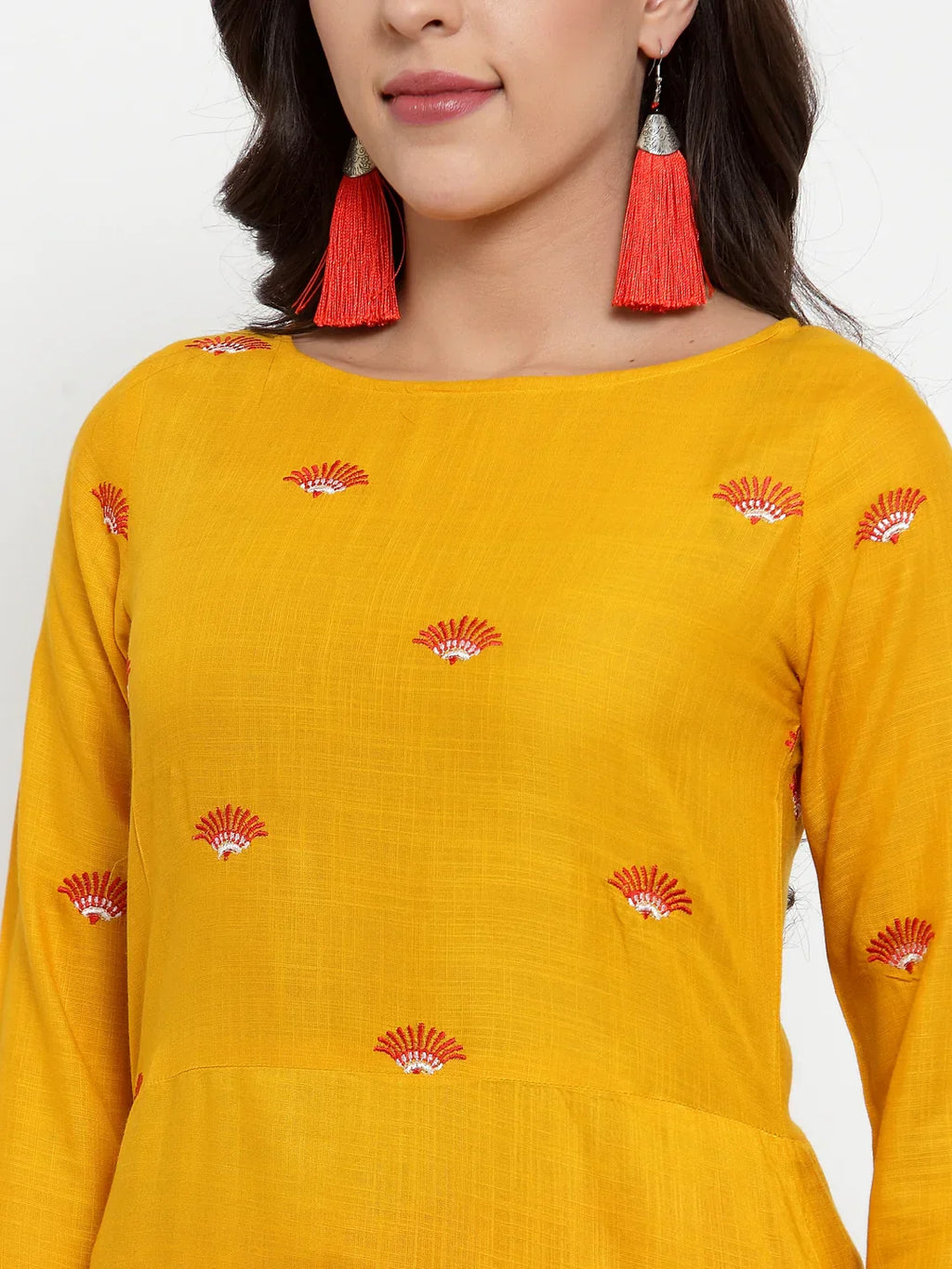 Jompers Women's Mustard Yellow & Red Embroidered Kurta with Palazzos & Dupatta