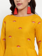 Jompers Women's Mustard Yellow & Red Embroidered Kurta with Palazzos & Dupatta