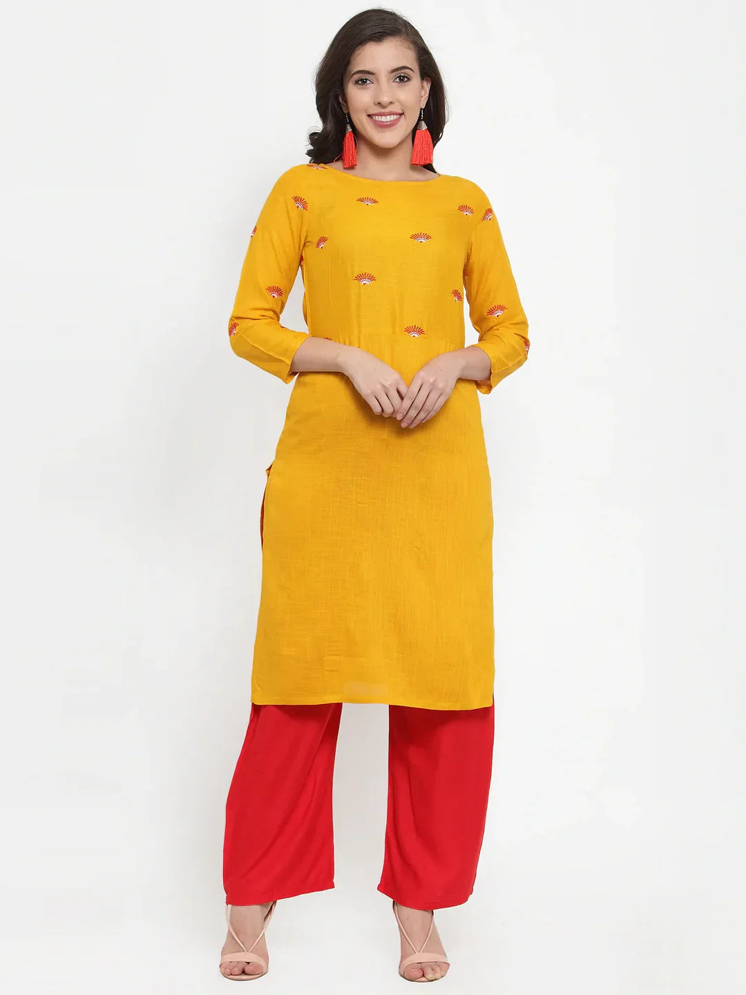 Jompers Women's Mustard Yellow & Red Embroidered Kurta with Palazzos & Dupatta