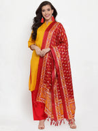Jompers Women's Mustard Yellow & Red Embroidered Kurta with Palazzos & Dupatta