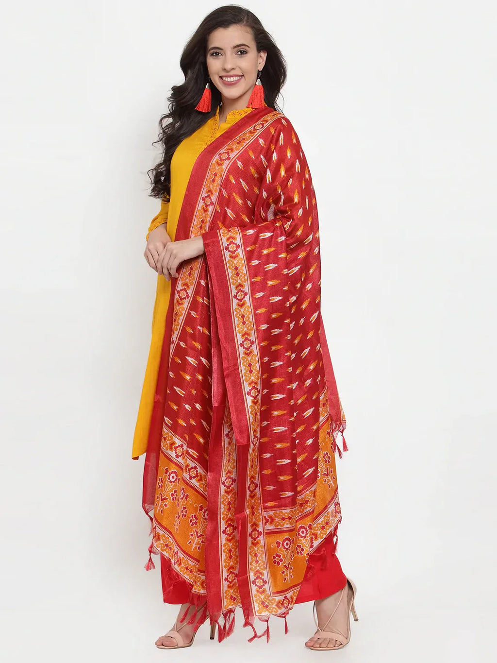 Jompers Women's Mustard Yellow & Red Embroidered Kurta with Palazzos & Dupatta