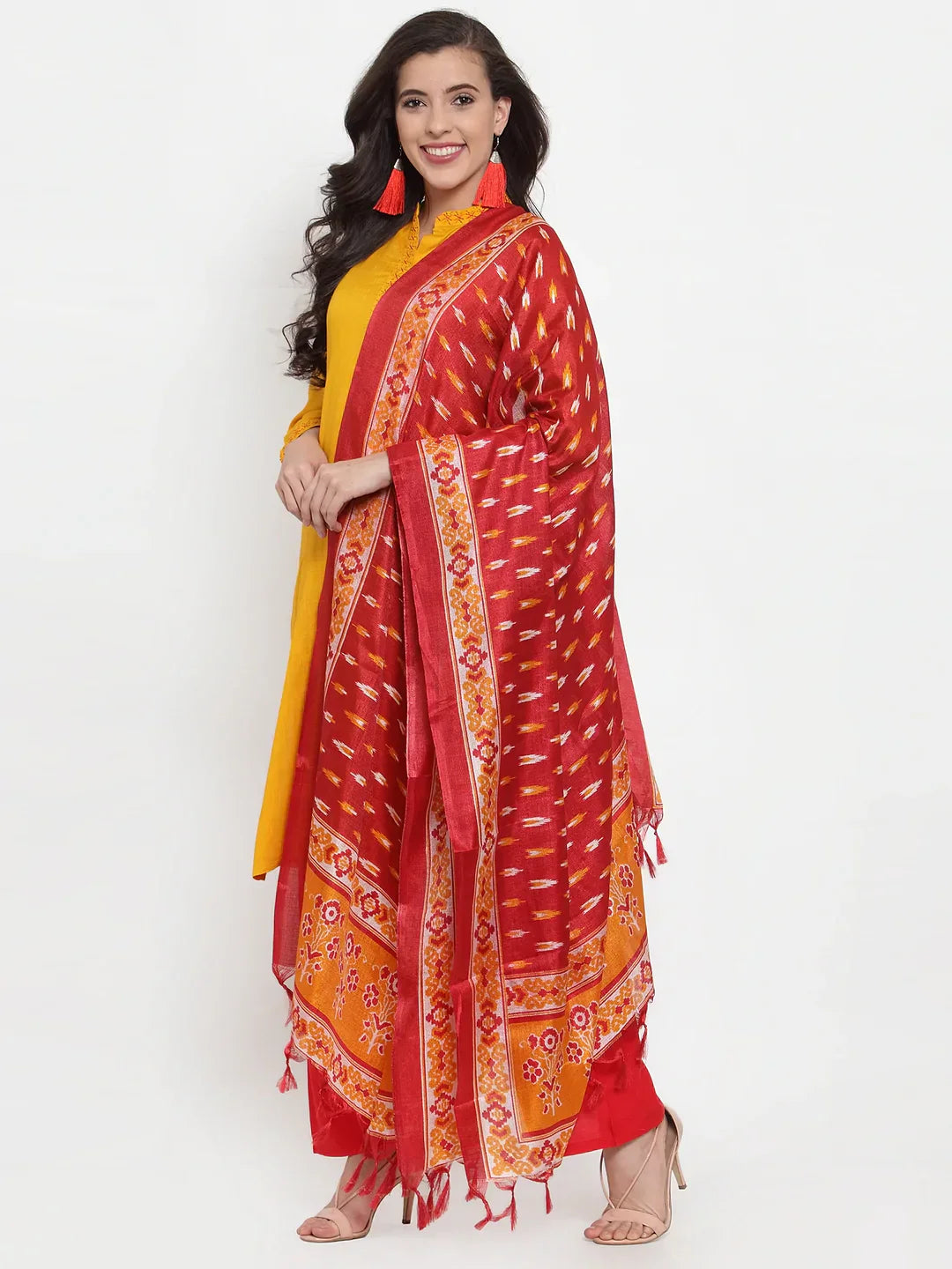 Jompers Women's Mustard Yellow & Red Embroidered Kurta with Palazzos & Dupatta