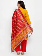 Jompers Women's Mustard Yellow & Red Embroidered Kurta with Palazzos & Dupatta