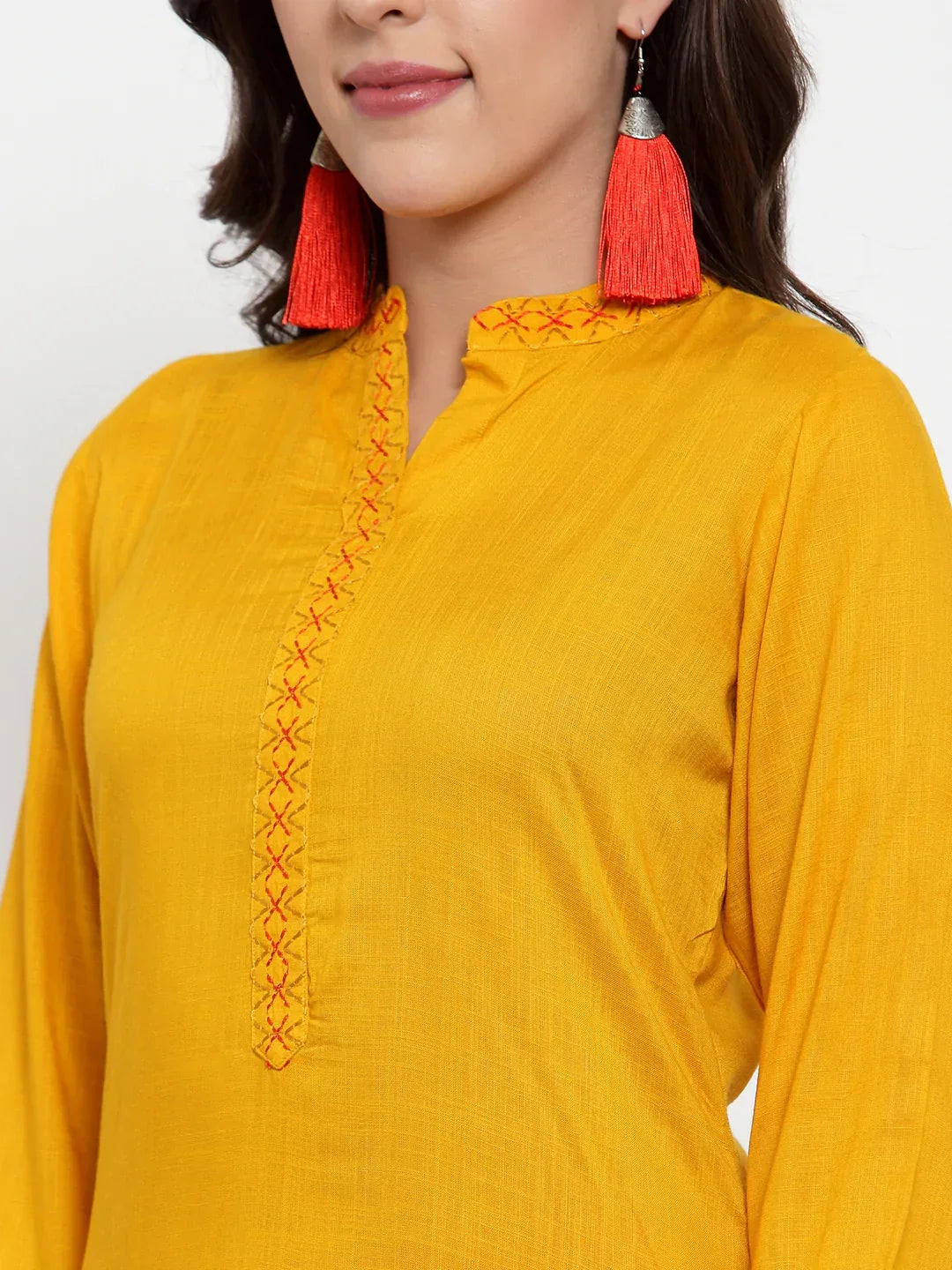 Jompers Women's Mustard Yellow & Red Embroidered Kurta with Palazzos & Dupatta