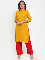 Jompers Women's Mustard Yellow & Red Embroidered Kurta with Palazzos & Dupatta