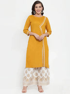 Jompers Women's Mustard Yellow & Off-White Embroidered Kurta with Palazzos