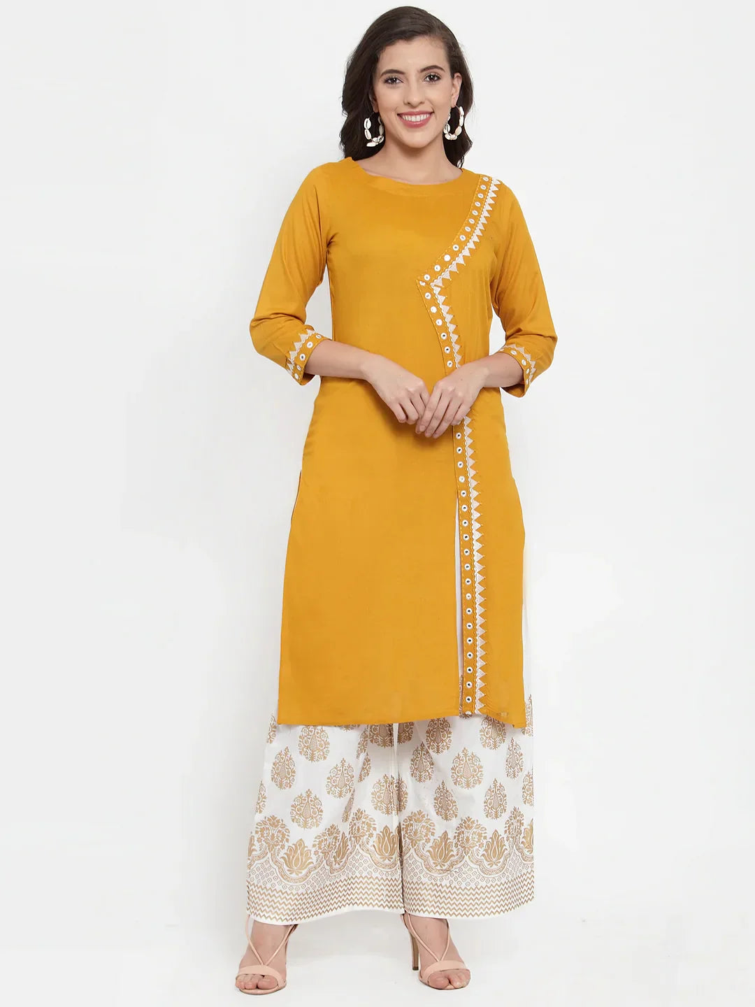 Jompers Women's Mustard Yellow & Off-White Embroidered Kurta with Palazzos