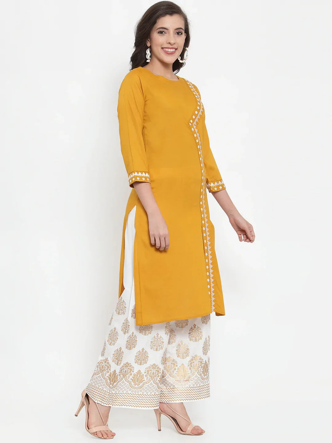 Jompers Women's Mustard Yellow & Off-White Embroidered Kurta with Palazzos
