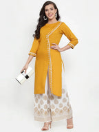 Jompers Women's Mustard Yellow & Off-White Embroidered Kurta with Palazzos