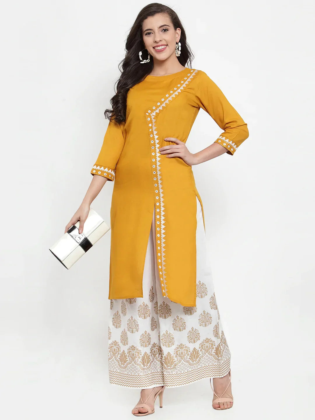 Jompers Women's Mustard Yellow & Off-White Embroidered Kurta with Palazzos
