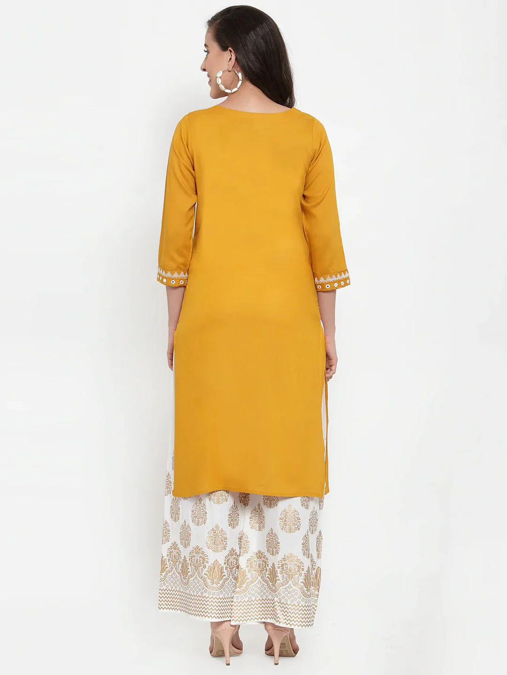 Jompers Women's Mustard Yellow & Off-White Embroidered Kurta with Palazzos