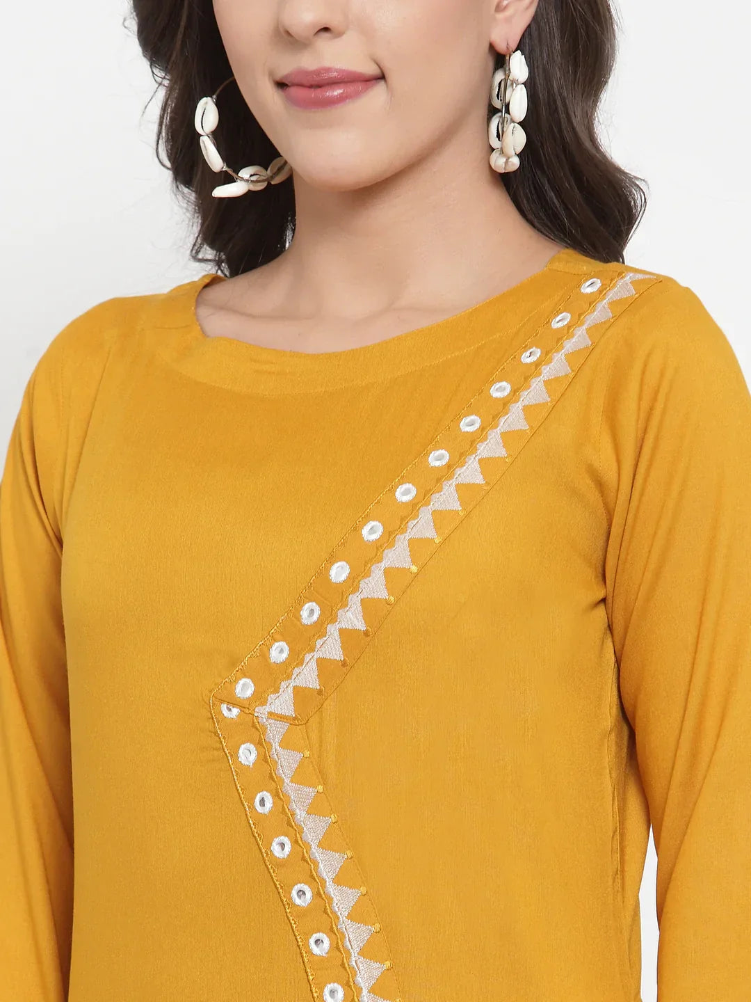 Jompers Women's Mustard Yellow & Off-White Embroidered Kurta with Palazzos