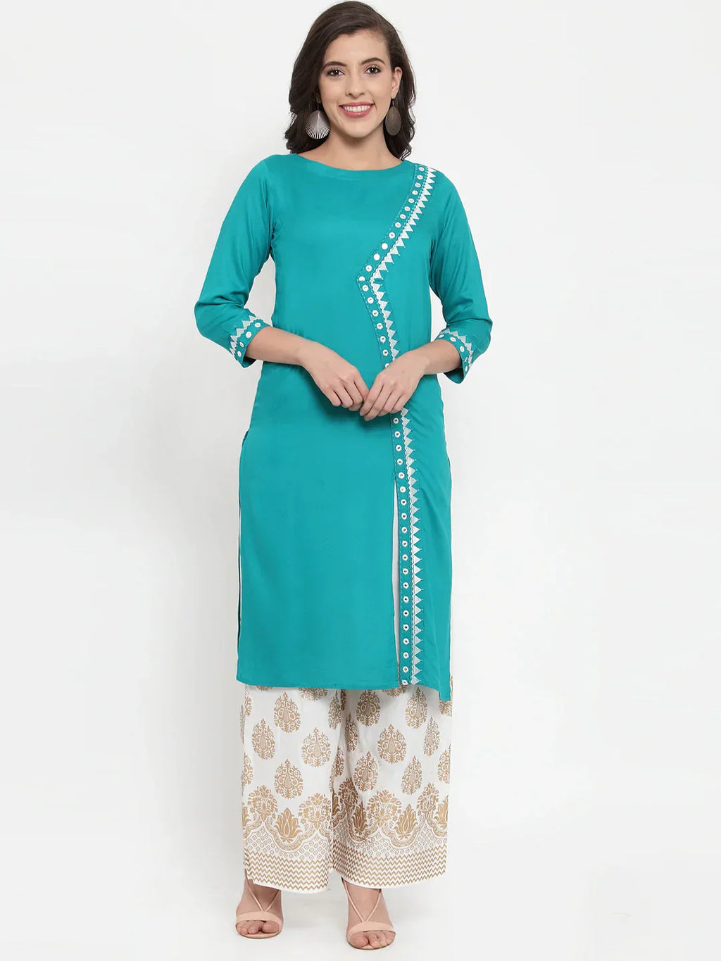 Jompers Women's Rama Green & Off-White Embroidered Kurta with Palazzos