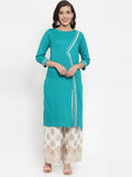 Jompers Women's Rama Green & Off-White Embroidered Kurta with Palazzos