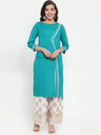 Jompers Women's Rama Green & Off-White Embroidered Kurta with Palazzos