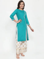 Jompers Women's Rama Green & Off-White Embroidered Kurta with Palazzos