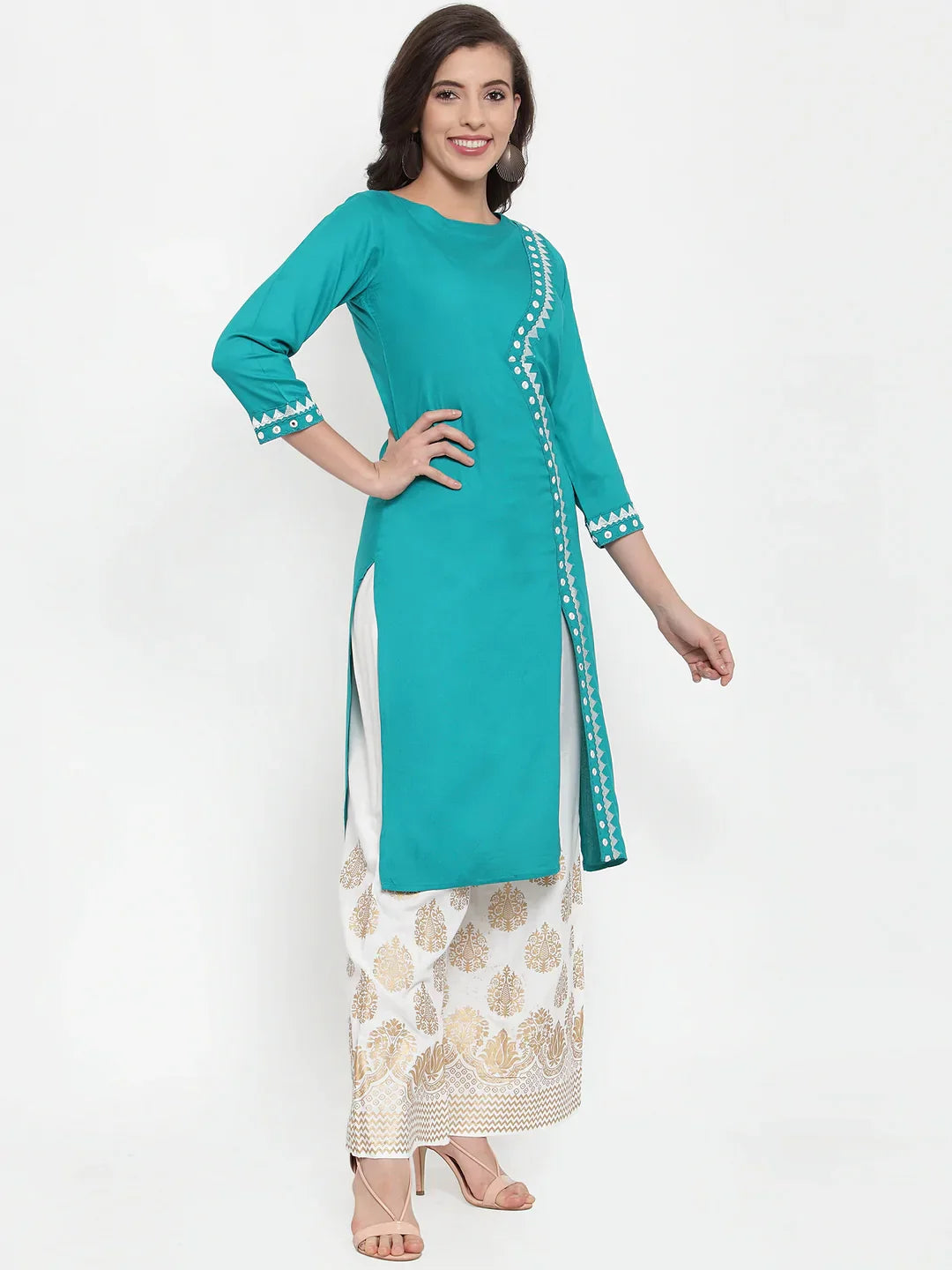 Jompers Women's Rama Green & Off-White Embroidered Kurta with Palazzos