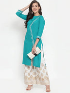 Jompers Women's Rama Green & Off-White Embroidered Kurta with Palazzos