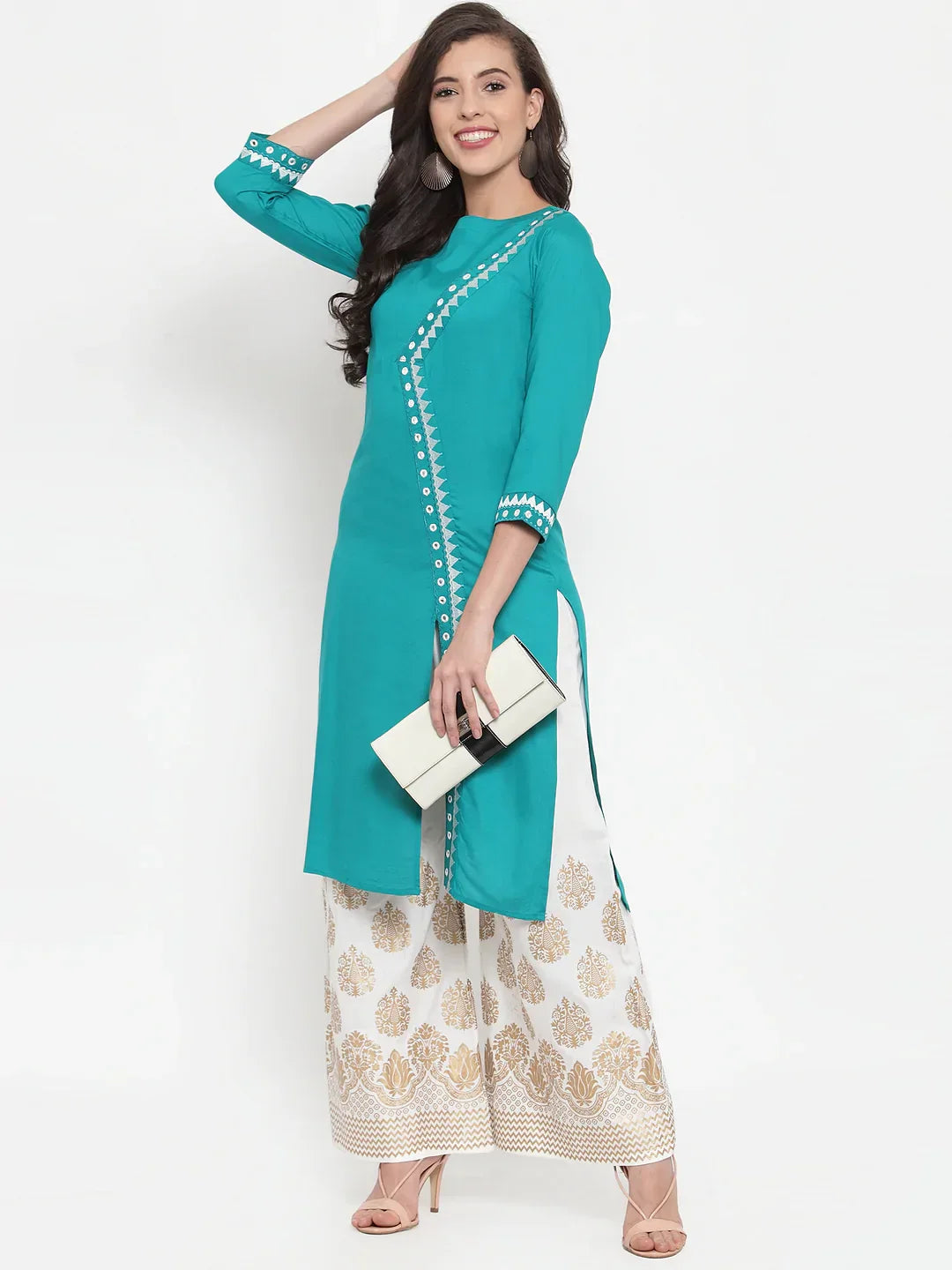 Jompers Women's Rama Green & Off-White Embroidered Kurta with Palazzos