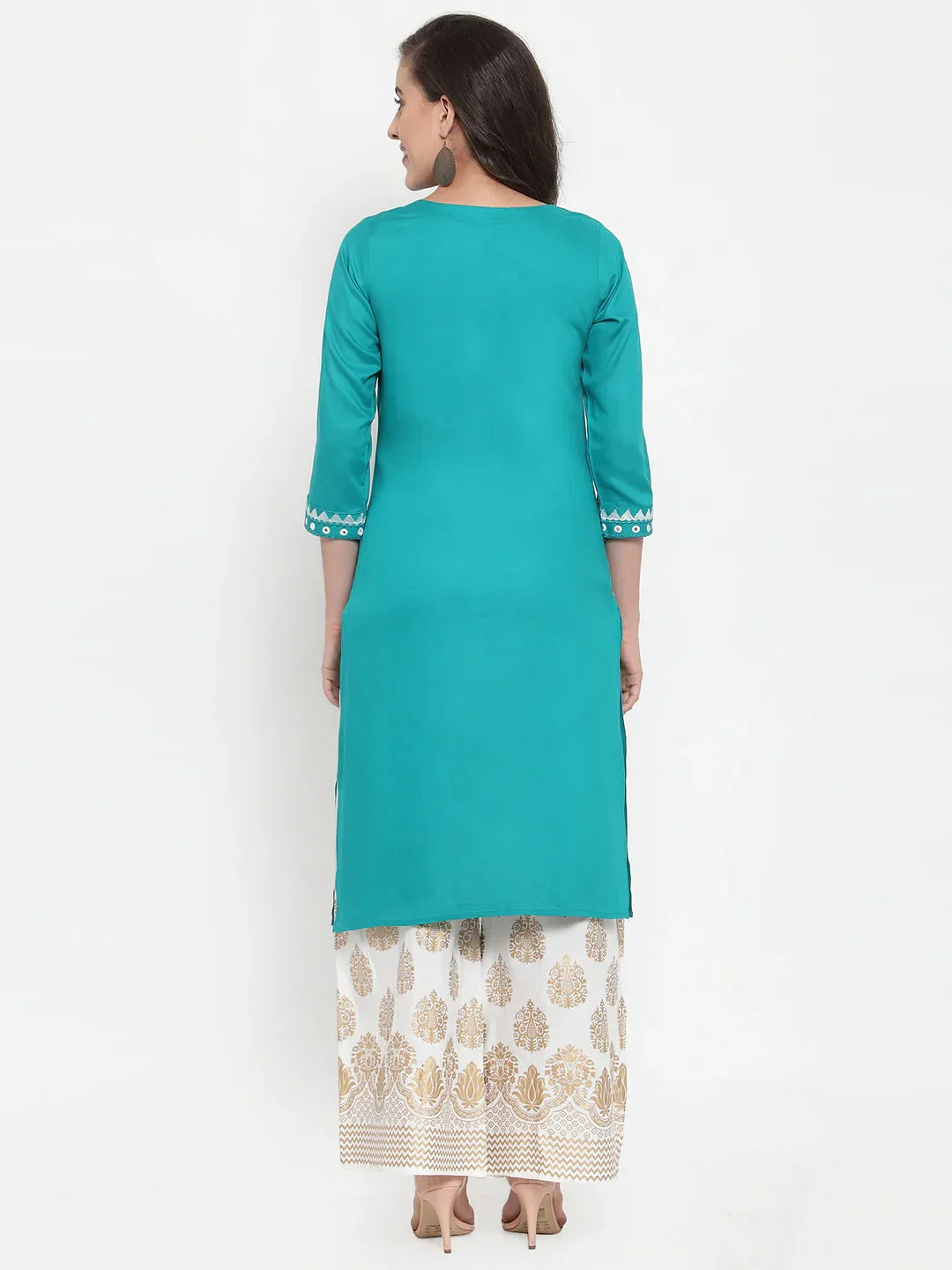 Jompers Women's Rama Green & Off-White Embroidered Kurta with Palazzos