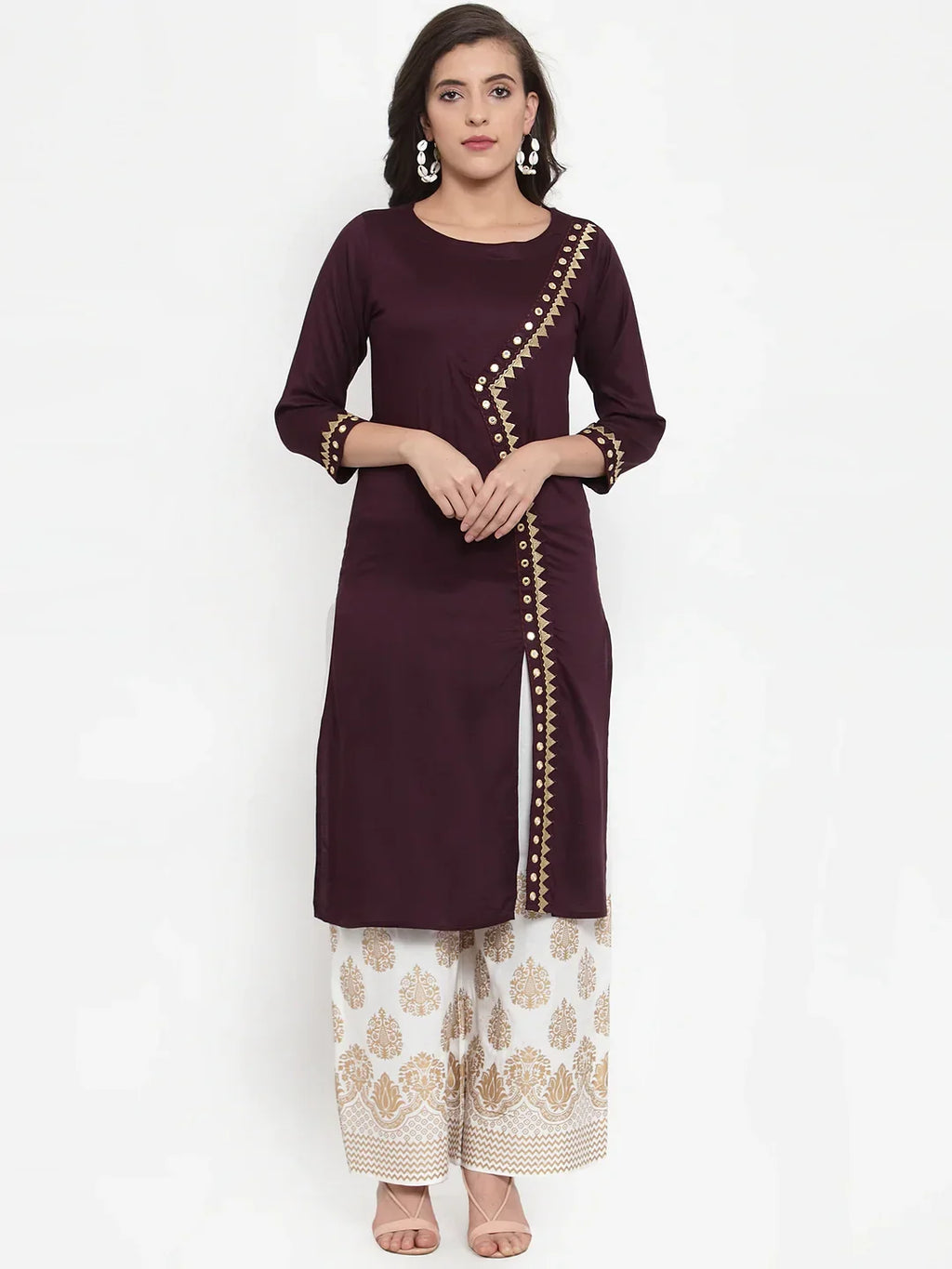 Jompers Women's Purple Embroidered Kurta with Palazzos