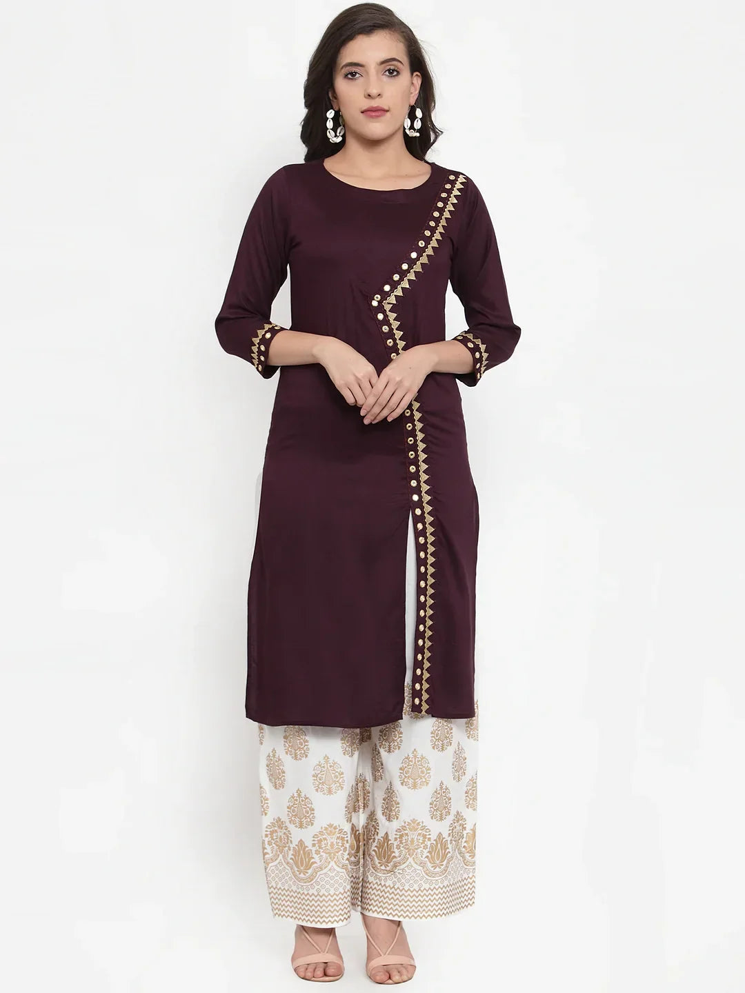 Jompers Women's Purple Embroidered Kurta with Palazzos