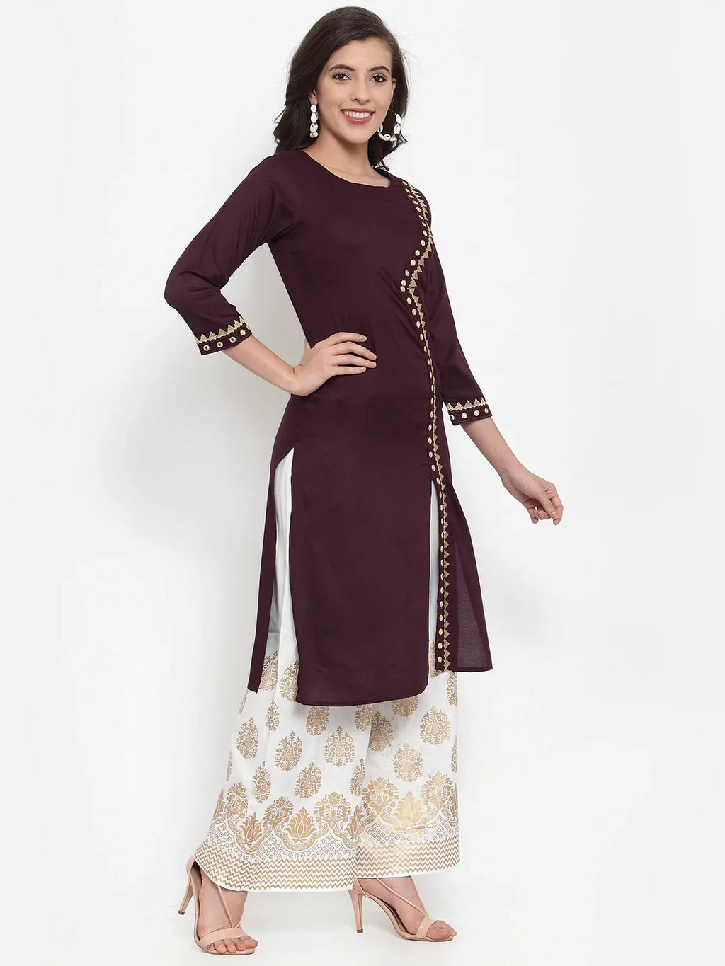Jompers Women's Purple Embroidered Kurta with Palazzos