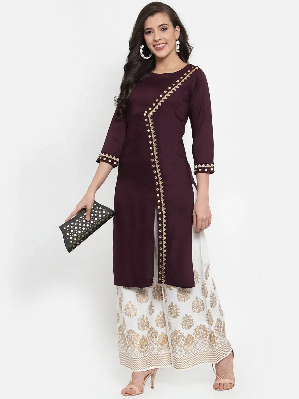 Jompers Women's Purple Embroidered Kurta with Palazzos