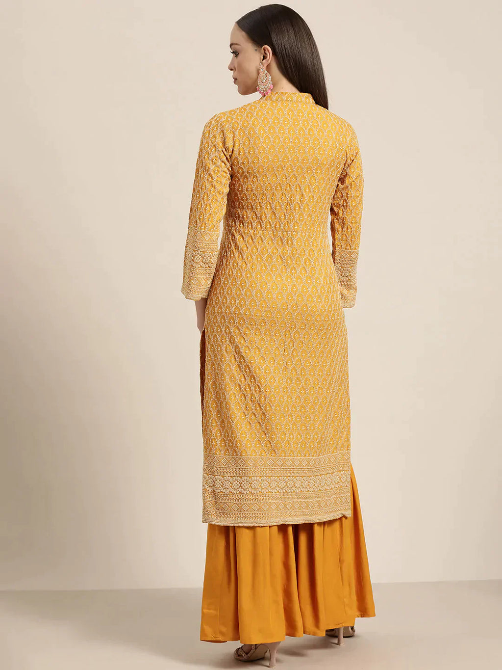 Jompers Women's Mustard Embroidered Kurta with Sharara - Mustard - Distacart