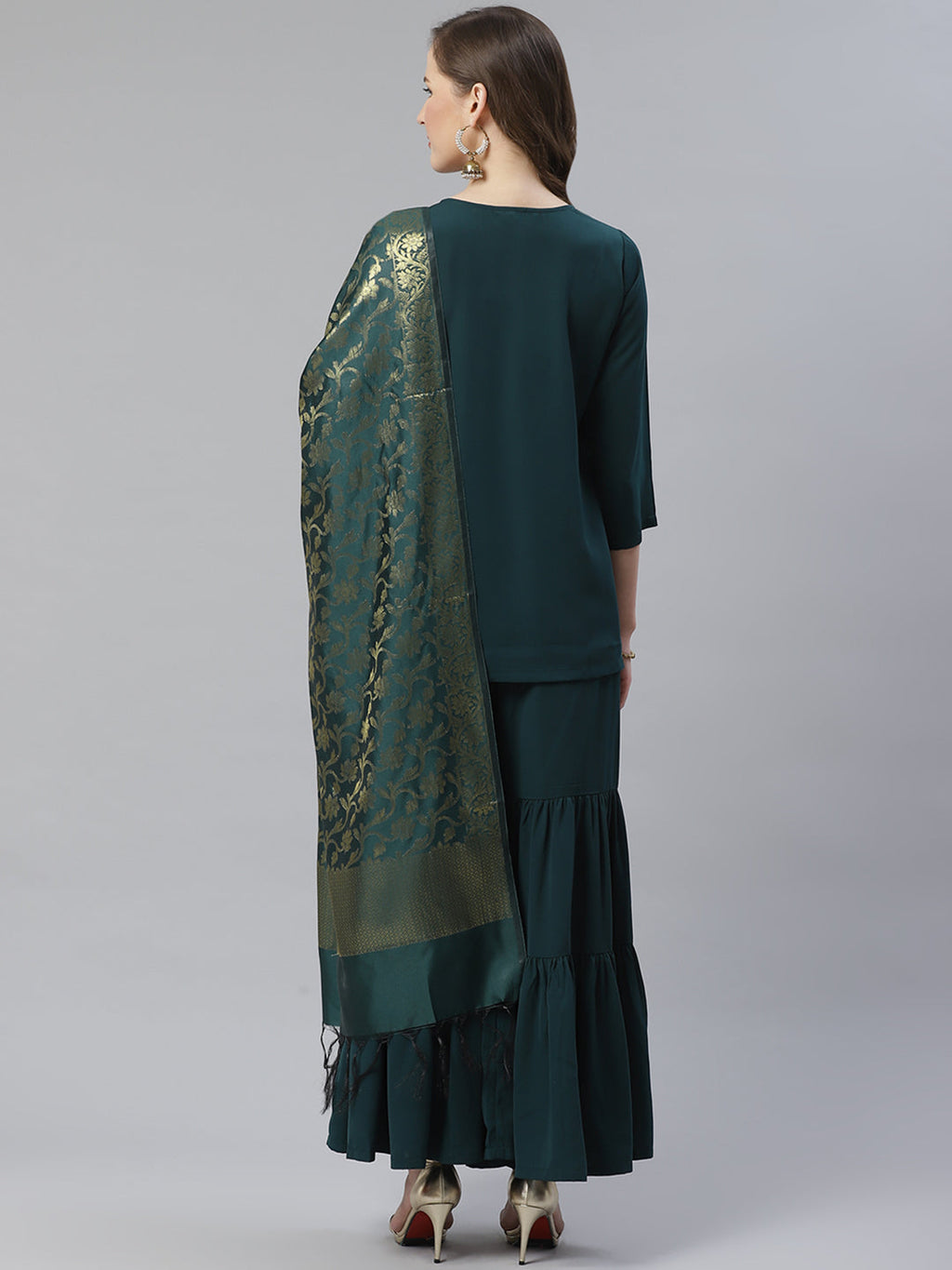 Jompers Women Green & Golden Solid Kurti with Sharara & Woven Design Dupatta - Distacart